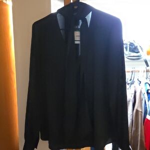 Kasper Black Long-Sleeve Tie-Neck Blouse